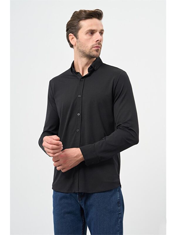 İMZA Siyah Uzun Kol Düz Örme Smart Düğmeli Yaka Classic Slim Fit Gömlek 1004245160