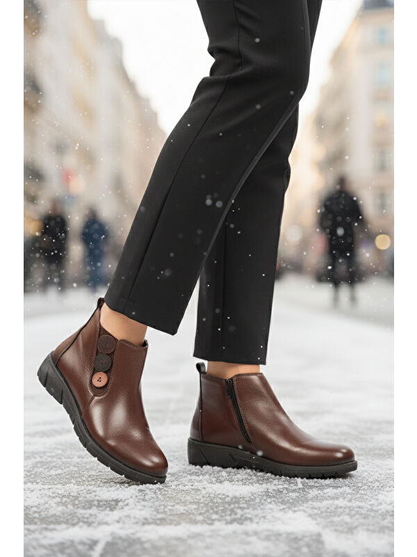 Kahve Hakiki Deri Anatomik Kaymaz Taban Kadın Bot Z406 Z - Görsel 4