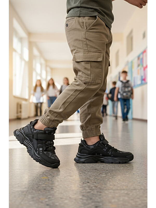 Siyah Cırtlı Hafif Esnek Erkek Çocuk Spor Ayakkabı 2021 F - Görsel 4