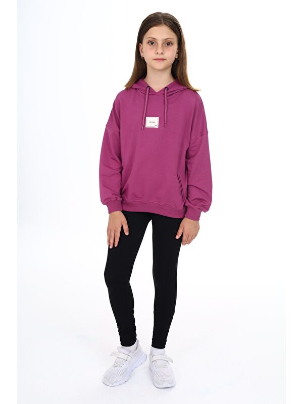 Toontoykids Kız Çocuk 2'li Takım Baskılı Kapüşonlu Düşük Omuz Cepli Sweatshirt & Basic Düz Tayt
