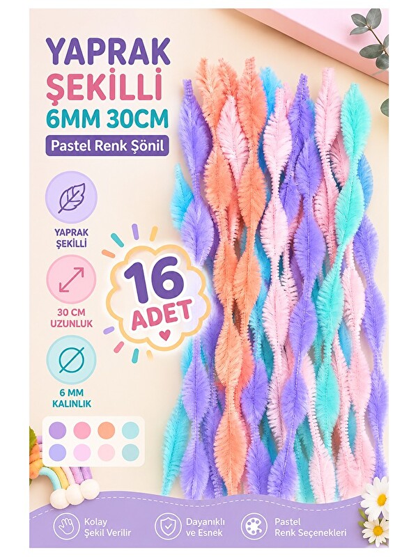 Artlantis Pastel Renkli 16 Adet Yaprak Şekilli Şönil 30 Cm 6mm Karışık Pastel Renkler Tüylü Pelüş Elişi Hobi O