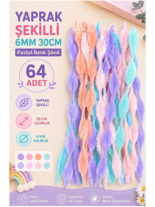 Artlantis Pastel Renkli Yaprak Şekilli Şönil 30 Cm 6mm 64 Adet Karışık Pastel Renkler Tüylü Pelüş Elişi Hobi O