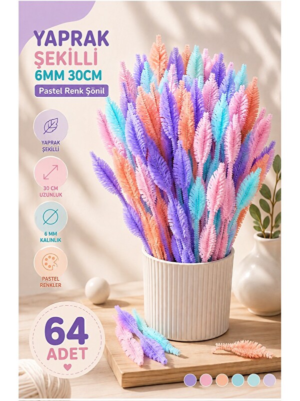 artmaster Pastel Renkli Yaprak Şekilli Şönil 30 Cm 6mm 64 Adet Karışık Pastel Renkler Tüylü Pelüş Elişi Hobi O