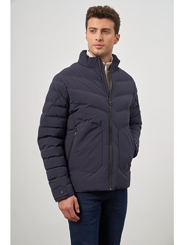 İMZA Koyu Lacivert Dolumlu Hakim Yaka Slim Fit Dar Kesim Klasik Şişme Mont 1007245153