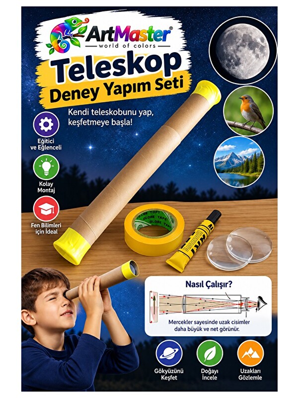 artmaster Basit Teleskop Yapım Seti 1 Paket Teleskop Deney Seti Silindir Karton Mercek Okul Sınıf Et