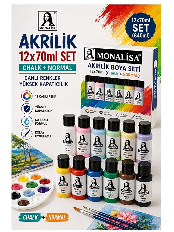 Artlantis Akrilik Boya 12 Renk Pastel ve Ana Renk 1 Paket Monalisa 70 ml 12 li Akrilik Boya Resim Dersi Tuval