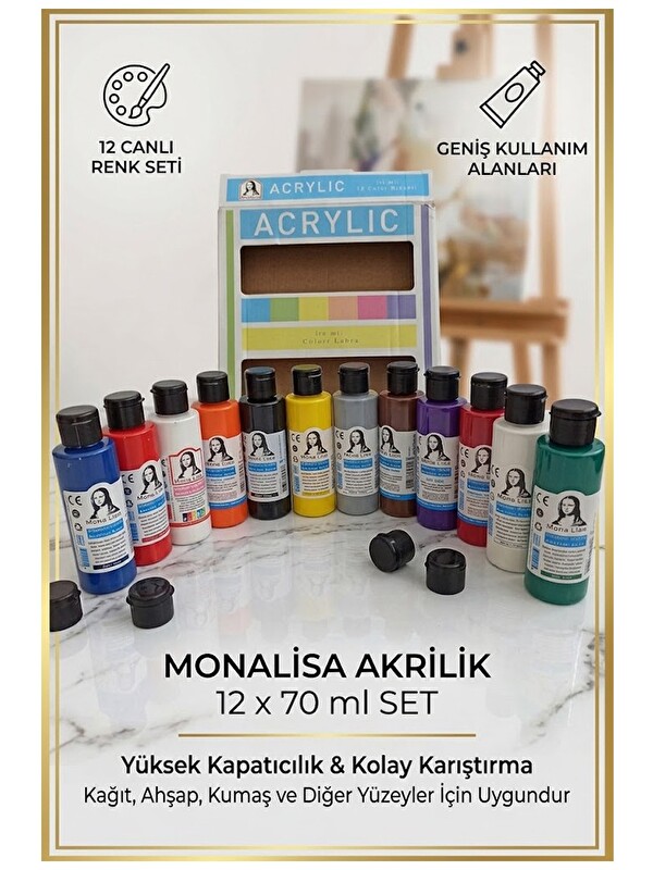artmaster Akrilik Boya 12 Renk Pastel ve Ana Renk 1 Paket Monalisa 70 ml 12 li Akrilik Boya Resim Dersi Tuval