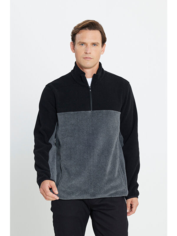 AC&Co / Altınyıldız Classics Erkek Siyah-Antrasit Standart Fit Dik Yaka İçi Polarlı Çift Renk Polar Sweatshirt