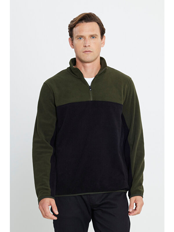 AC&Co / Altınyıldız Classics Erkek Haki-Siyah Standart Fit Dik Yaka İçi Polarlı Çift Renk Polar Sweatshirt