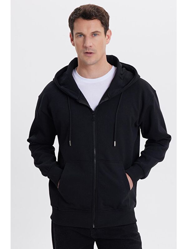 TUDORS Erkek Relax Fit Rahat Kesim Pamuklu Tam Fermuarlı Kanguru Cepli Sırt Çantalı Siyah Sweatshirt