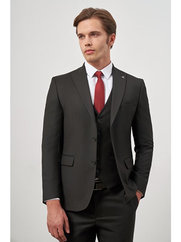 İMZA Siyah Kılıç Yaka Yelekli 6 Drop Slim Fit Classic Takım Elbise 1001245155