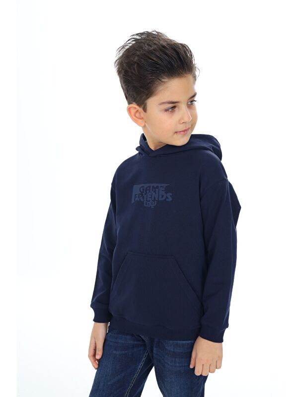 Toontoykids Erkek Çocuk Relax Fit Kapüşonlu Cepli Düşük Omuz Baskılı Sweatshirt - 2 İplik