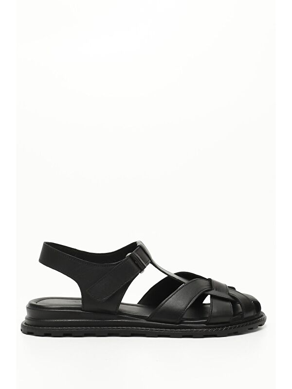 SİYAH Hakiki Deri Dolgu Taban Kadın Sandalet 45055 - Görsel 2