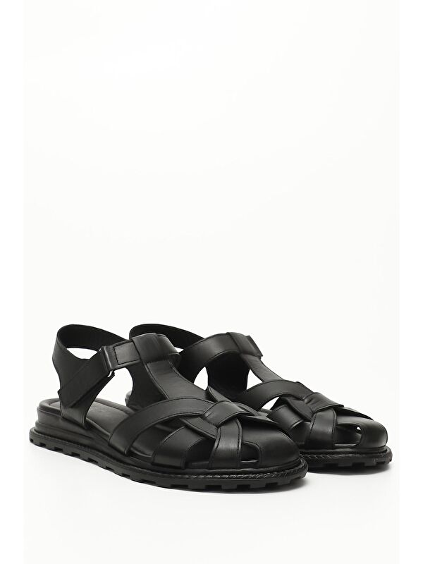 SİYAH Hakiki Deri Dolgu Taban Kadın Sandalet 45055 - Görsel 3