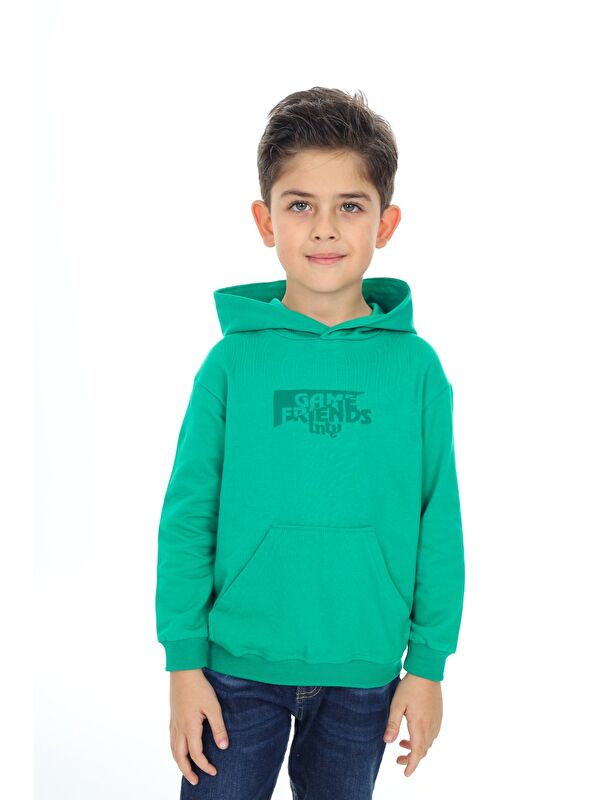 Toontoykids Erkek Çocuk Relax Fit Kapüşonlu Cepli Düşük Omuz Baskılı Sweatshirt - 2 İplik