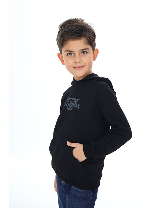 Toontoykids Erkek Çocuk Relax Fit Kapüşonlu Cepli Düşük Omuz Baskılı Sweatshirt - 2 İplik
