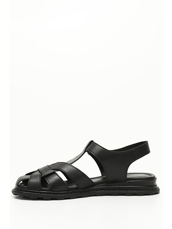 SİYAH Hakiki Deri Dolgu Taban Kadın Sandalet 45055 - Görsel 4