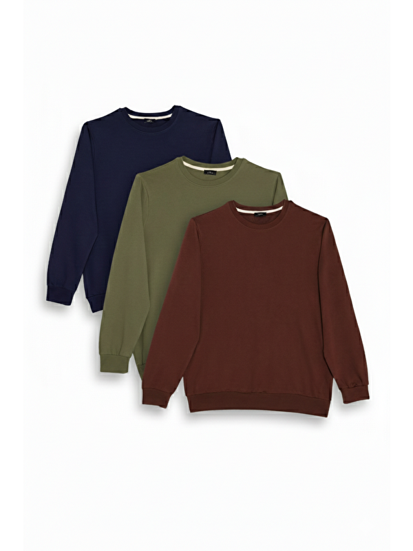 TUDORS Erkek 3'Lü Kahve-Yeşil-Lacivert Relax Fit Rahat Kesim %100 Pamuk 2 İplik Bisiklet Yaka Sweatshirt