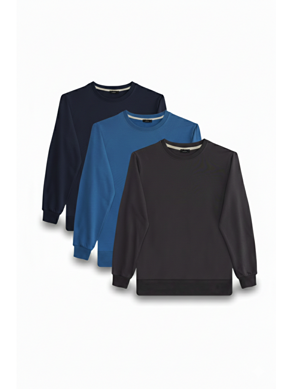 TUDORS Erkek 3'Lü Füme-Mavi-Lacivert Relax Fit Rahat Kesim %100 Pamuk 2 İplik Bisiklet Yaka Sweatshirt