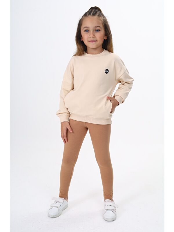 Toontoykids Kız Çocuk 2'li Takım Baskılı Bisiklet Yaka Düşük Omuz Cepli Sweatshirt & Basic Düz Tayt