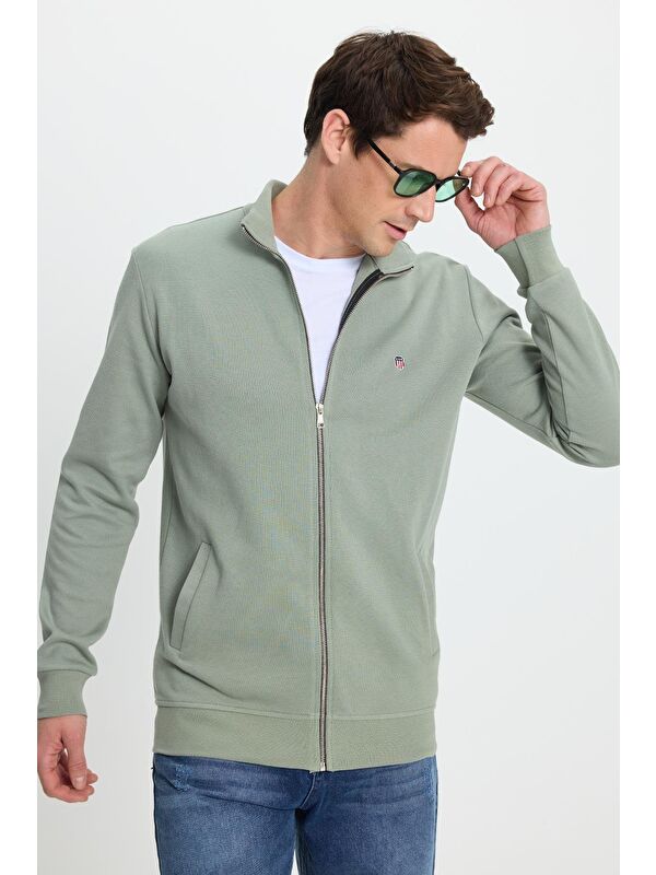 TUDORS Erkek Slim Fit Dar Kesim Pamuklu Tam Fermuarlı Çift Cepli Dik Yaka Yeşil Sweatshirt Hırka