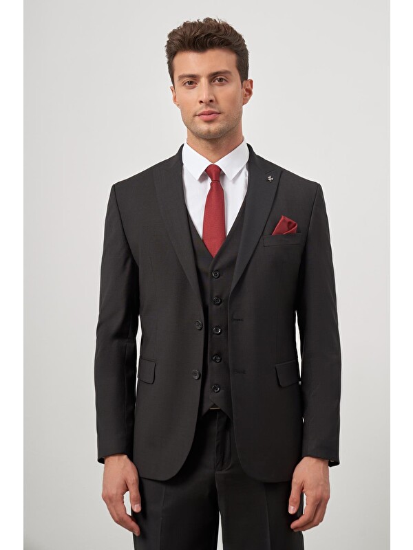 İMZA Siyah Düz Kılıç Yaka Çift Yırtmaç 2 Düğme Yelekli 6 Drop Slim Fit Classic Takım Elbise 1001245151