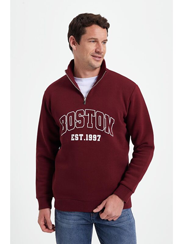 TUDORS Erkek Relax Fit Rahat Kesim Pamuklu Yarım Fermuarlı Baskılı Bordo Sweatshirt