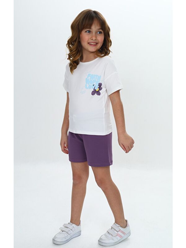 Toontoykids Kız Çocuk Göğsü Çiçek Yazı Baskılı Şortlu Takım