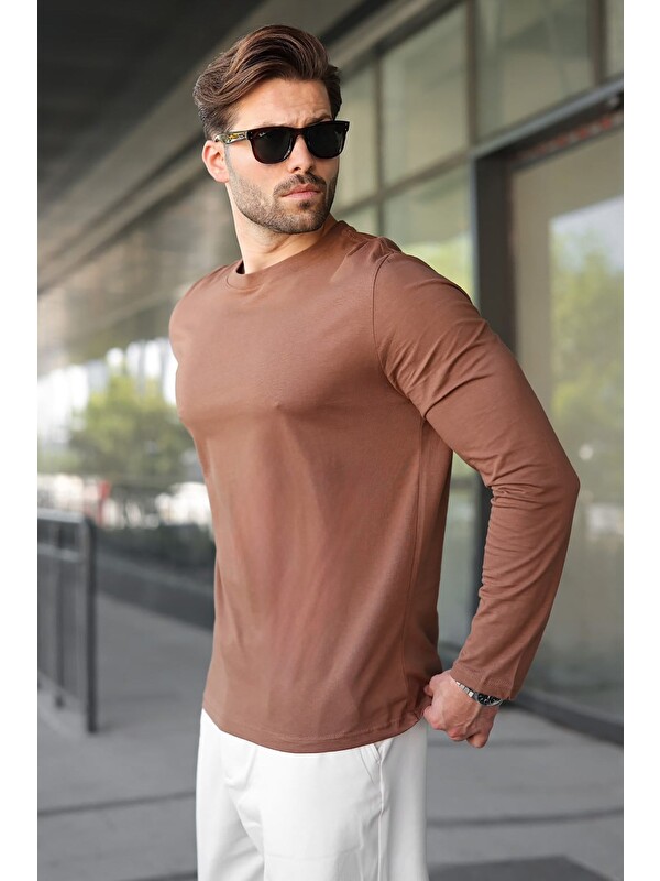 Madmext Kahverengi %100 Pamuklu Slim Fit Erkek Tişört E7187