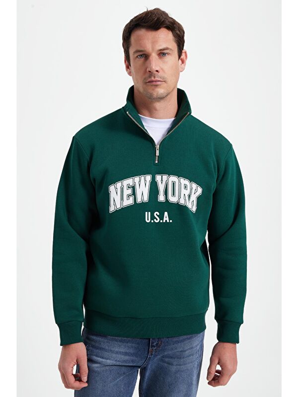TUDORS Erkek Relax Fit Rahat Kesim Pamuklu Yarım Fermuarlı Baskılı Haki Sweatshirt
