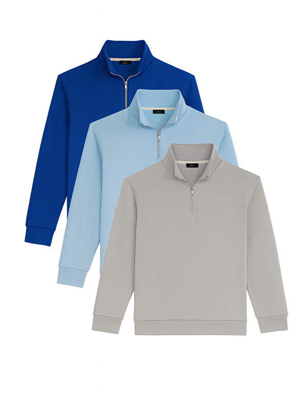 TUDORS Unisex 3'Lü Paket Taş-Mavi-Saks Mavi Relax Fit Pamuklu Yarım Fermuarlı Dik Yaka Sweatshirt