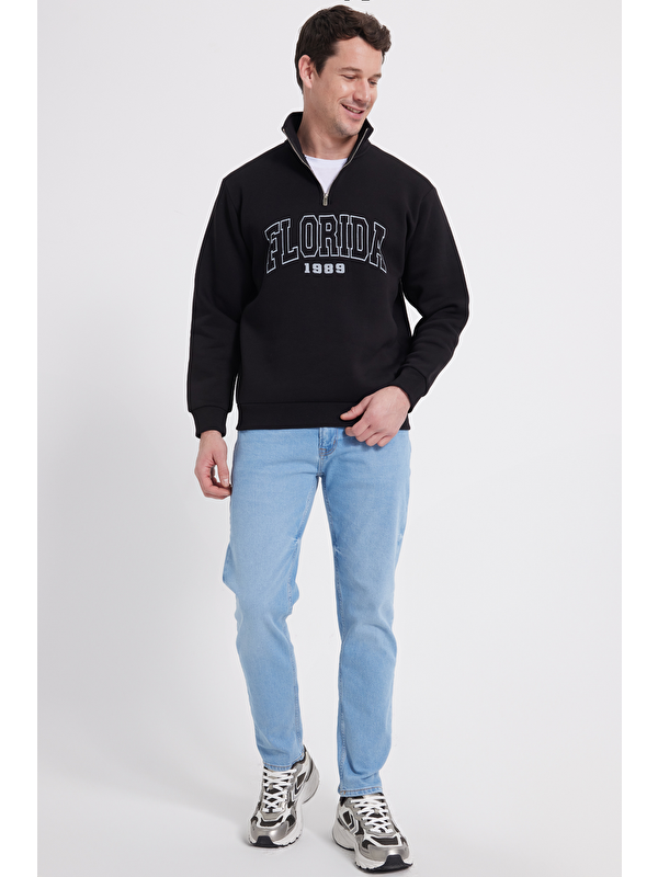 TUDORS Erkek Relax Fit Rahat Kesim Pamuklu Yarım Fermuarlı Baskılı Siyah Sweatshirt
