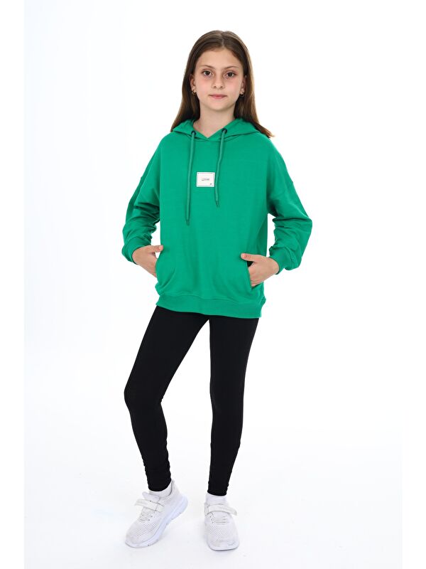 Toontoykids Kız Çocuk 2'li Takım Baskılı Kapüşonlu Düşük Omuz Cepli Sweatshirt & Basic Düz Tayt
