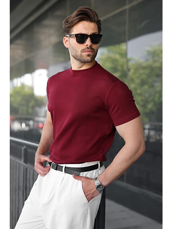 Madmext Bordo Bisiklet Yaka Regular Fit Erkek Tişört E7188
