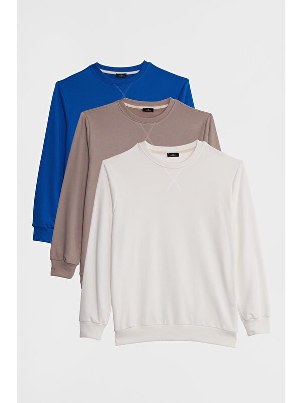 TUDORS Unisex 3'Lü Paket Beyaz-Bej-Saks Mavi Relax Fit %100 Pamuk 3 İplik Bisiklet Yaka Sweatshirt