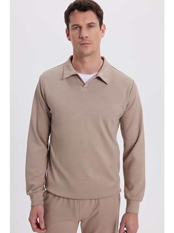 TUDORS Erkek Relax Fit Rahat Kesim Polo V Yaka Vizon Sweatshirt