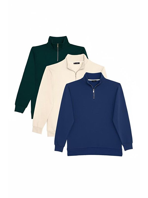 TUDORS Unisex 3'Lü Paket Yeşil-Ekru-Lacivert Relax Fit Pamuklu Yarım Fermuarlı Dik Yaka Sweatshirt