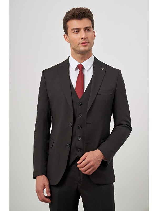 İMZA Siyah Kılıç Yaka Yelekli 6 Drop Slim Fit Classic Takım Elbise 1001245152
