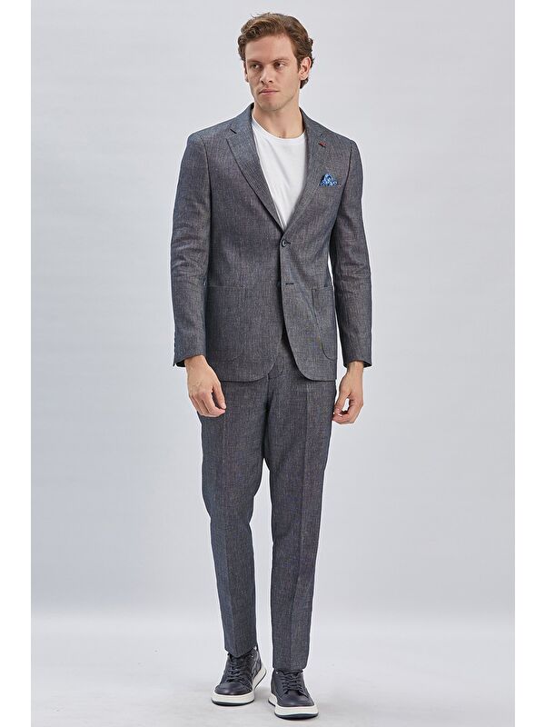 İMZA Koyu Lacivert Armürlü Mono Yaka Keten Karışımlı 6 Drop Slim Fit Casual Takım Elbise 1001240169