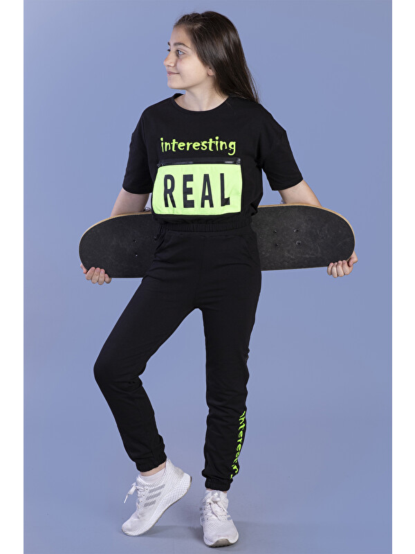 Toontoykids Kız Çocuk Crop Model Cep Detaylı Baskılı Eşofman Takımı