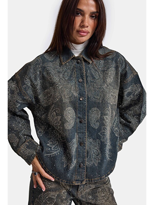 It's Basic Kadın Jean Rengi T-10w6-8 Oversize Parlak Taş ve Desen Özel Tasarım Denim Ceket