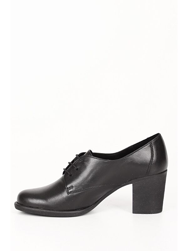 SİYAH Hakiki Deri Yuvarlak Burun Orta Topuklu Kauçuk Taban Bağcıklı Kadın Ayakkabı 24135 - Görsel 7