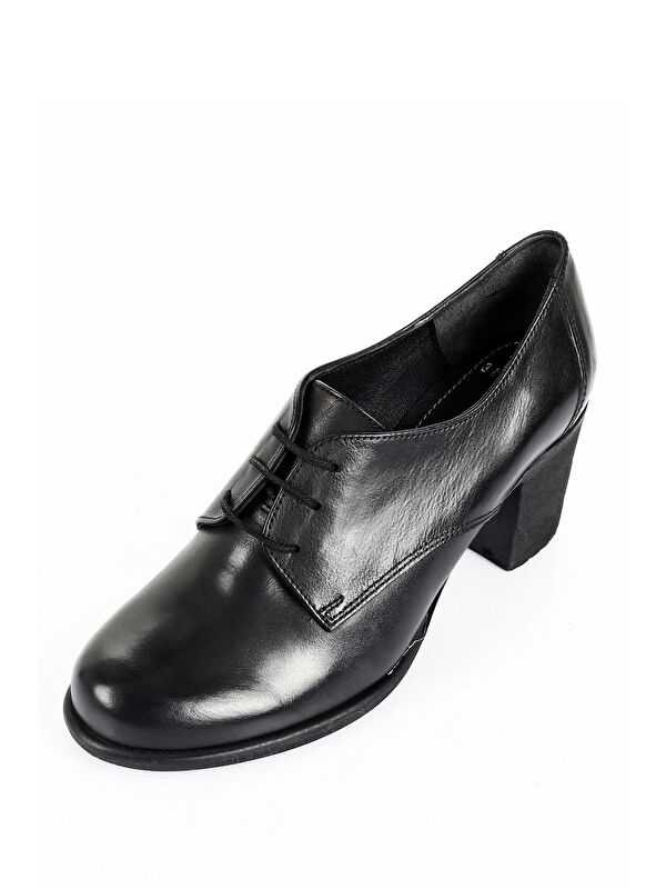 SİYAH Hakiki Deri Yuvarlak Burun Orta Topuklu Kauçuk Taban Bağcıklı Kadın Ayakkabı 24135 - Görsel 9