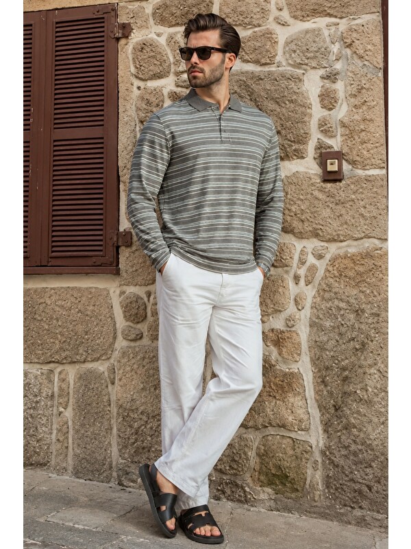 Madmext Gri Regular Fit Çizgili Polo Yaka Erkek Tişört E7192