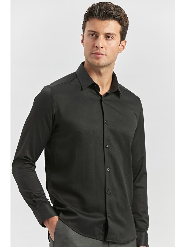 İMZA Siyah Uzun Kol  Armürlü 032 Sert Yaka Classic Slim Fit Gömlek 1004245153