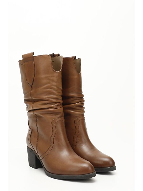 Gonderi(r) Kahverengi Gonderi(r) Hakiki Deri Topuklu Körüklü Kadın Çizme