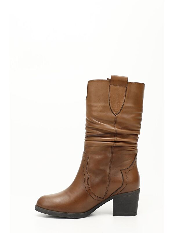 Gonderi(r) Kahverengi Gonderi(r) Hakiki Deri Topuklu Körüklü Kadın Çizme