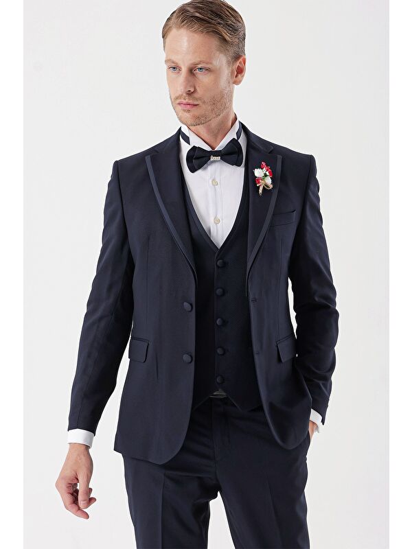İMZA Koyu Lacivert Çıkarılabilir Mono Yaka Yelekli 6 Drop Slim Fit Smokin Damatlık Takım 1001230202