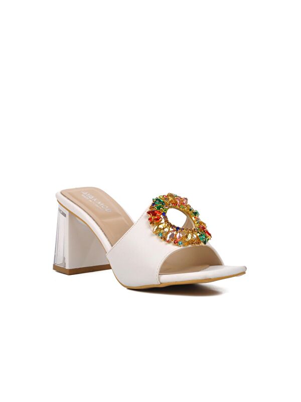 Beyaz Kadın Taşlı Topuklu Terlik 409128 - Görsel 4