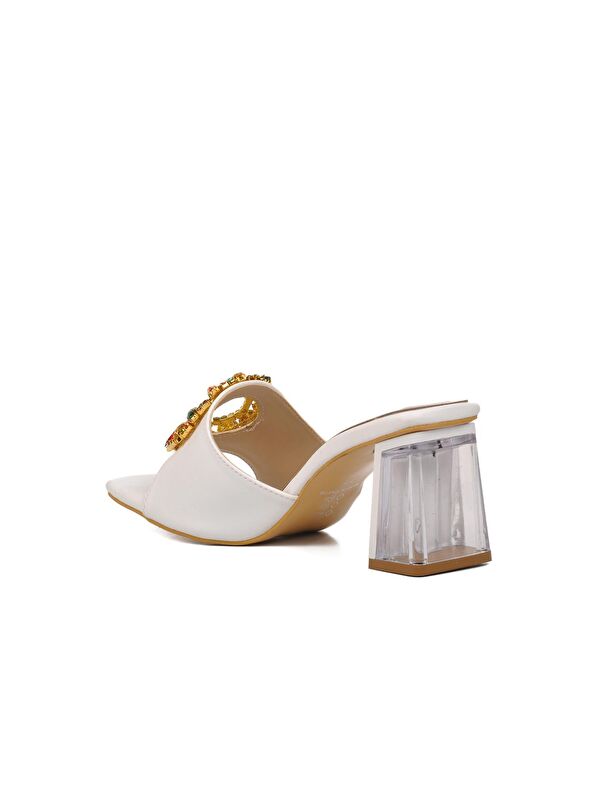 Beyaz Kadın Taşlı Topuklu Terlik 409128 - Görsel 5